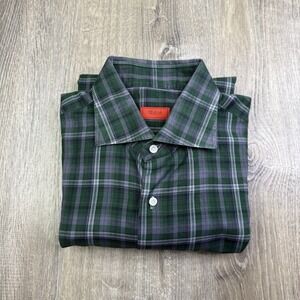 ISAIA Plaid Cutaway Collar Shirt Italy Cotton Green White Men's Size 16 41